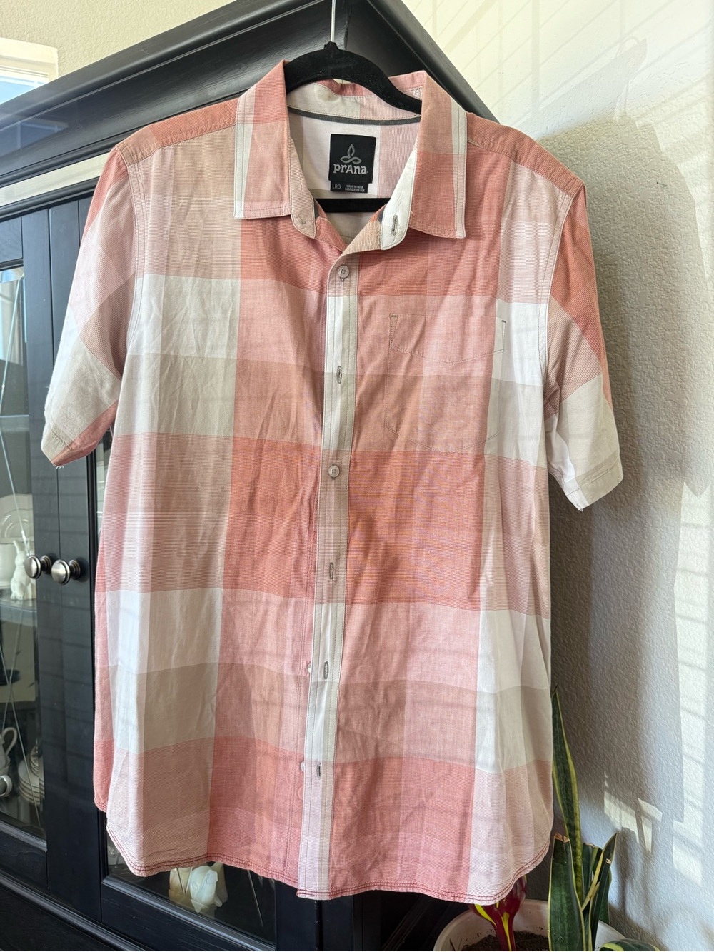 Lrg Men's Coral and White Plaid Short-Sleeve Button-Up Shirt
